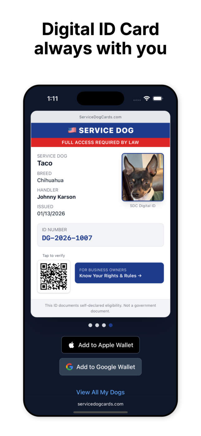 Digital service dog ID card shown on a phone with Apple Wallet and Google Wallet buttons