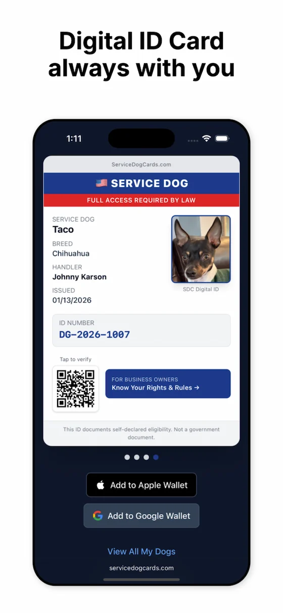 Digital service dog ID card always with you on your phone