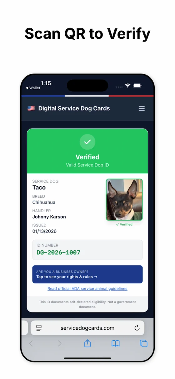 Scan QR code to verify your service dog ID