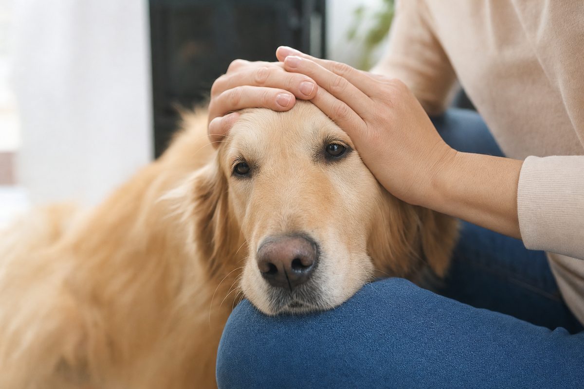 A person's hands resting on the head of a calm golden retriever leaning on their knee