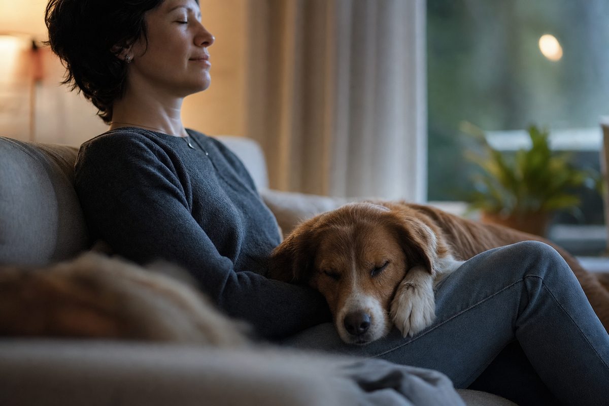 A person resting on a couch at home with their dog lying across their lap