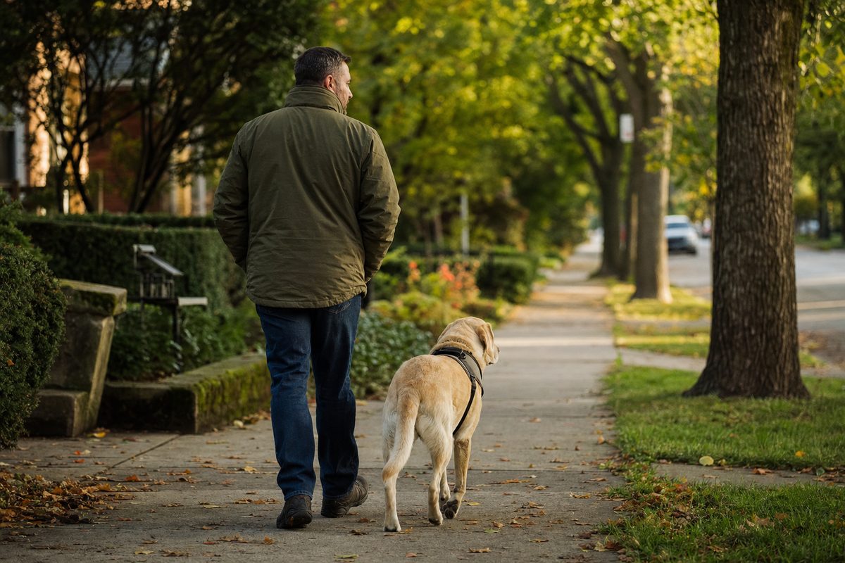 A veteran walking on a quiet neighborhood sidewalk with his service dog