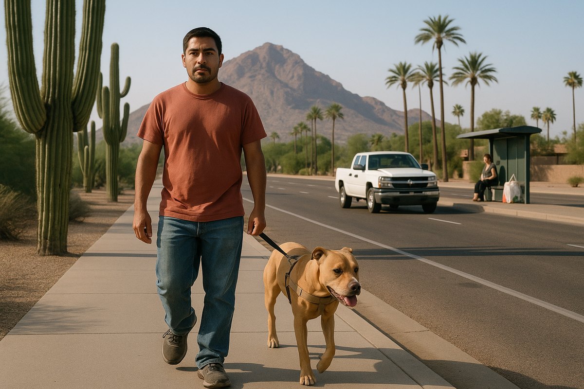 A man in a faded red t-shirt walks his pit bull mix service dog along a saguaro-lined Phoenix sidewalk with Camelback Mountain behind him