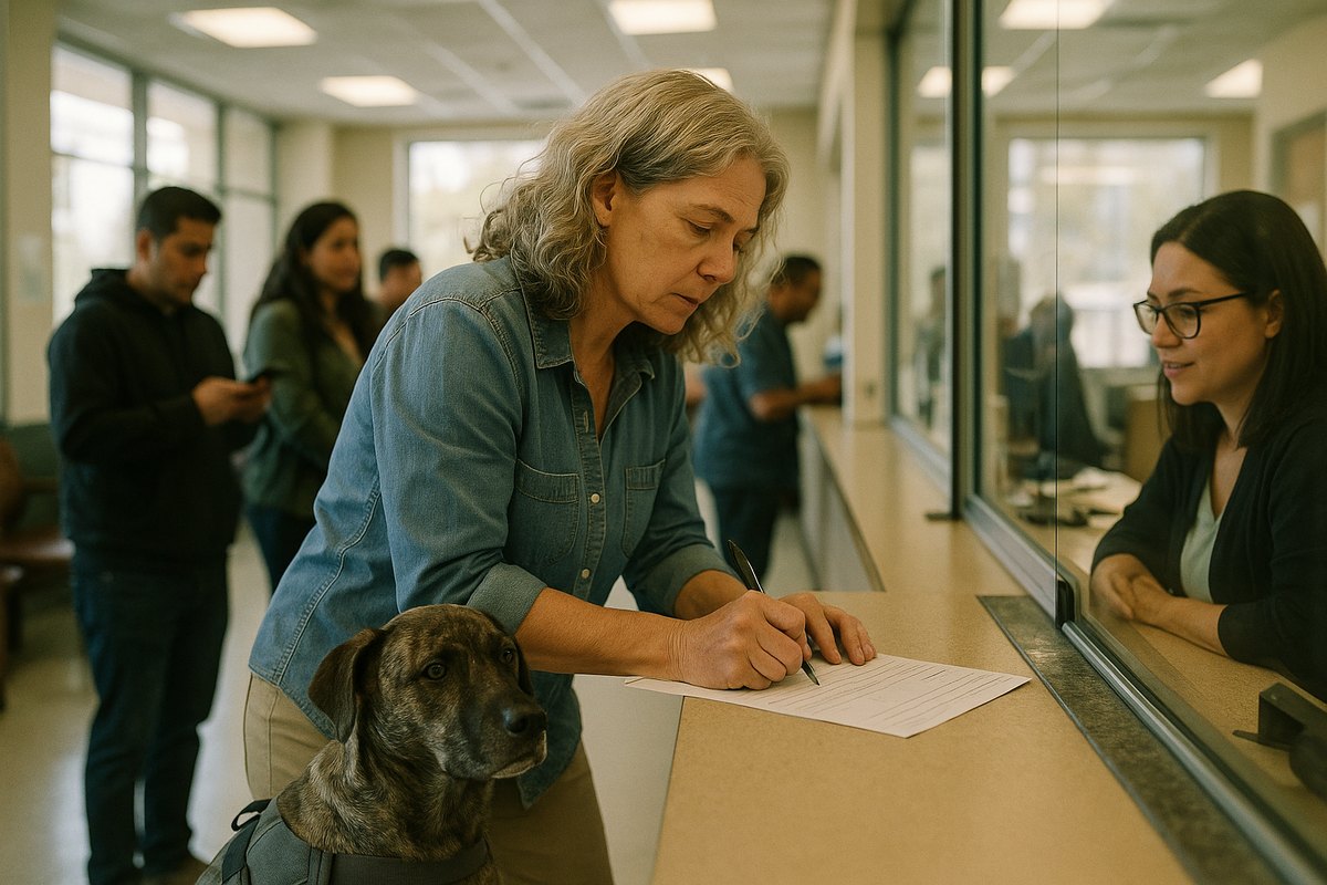 A woman fills out a form at a California courthouse clerk window with her service dog sitting beside her while others wait in line