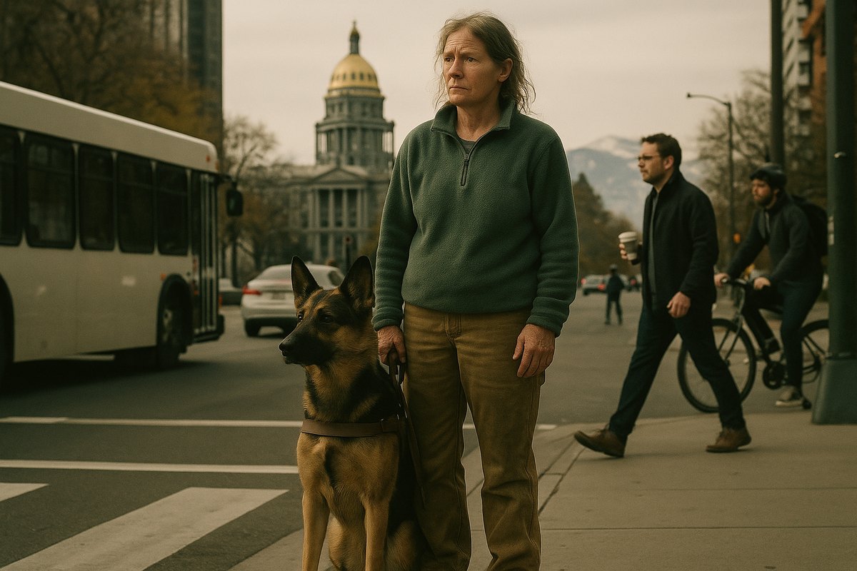 A woman in a fleece and work pants waits at a downtown Denver crosswalk with her German shepherd service dog, the gold Capitol dome and Rocky Mountains behind her