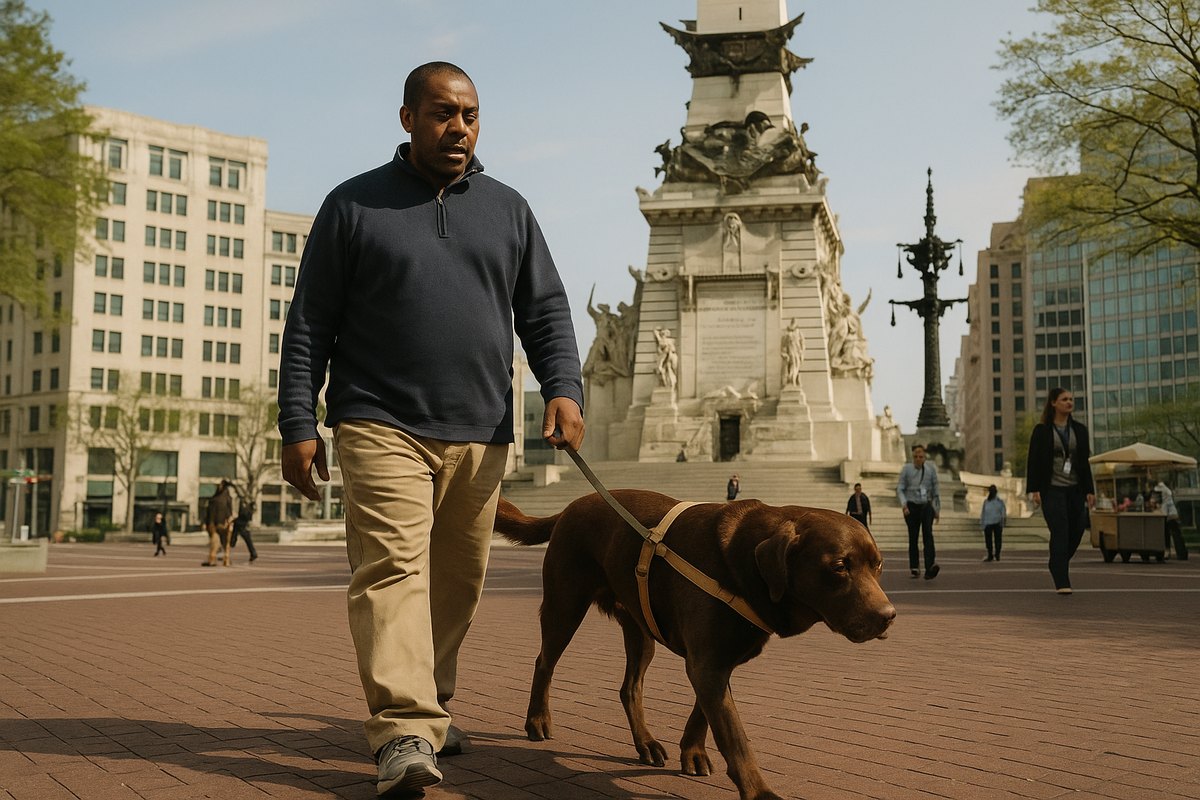 A man in a navy pullover walks his chocolate Labrador service dog across Monument Circle in Indianapolis, the Soldiers' and Sailors' Monument behind him