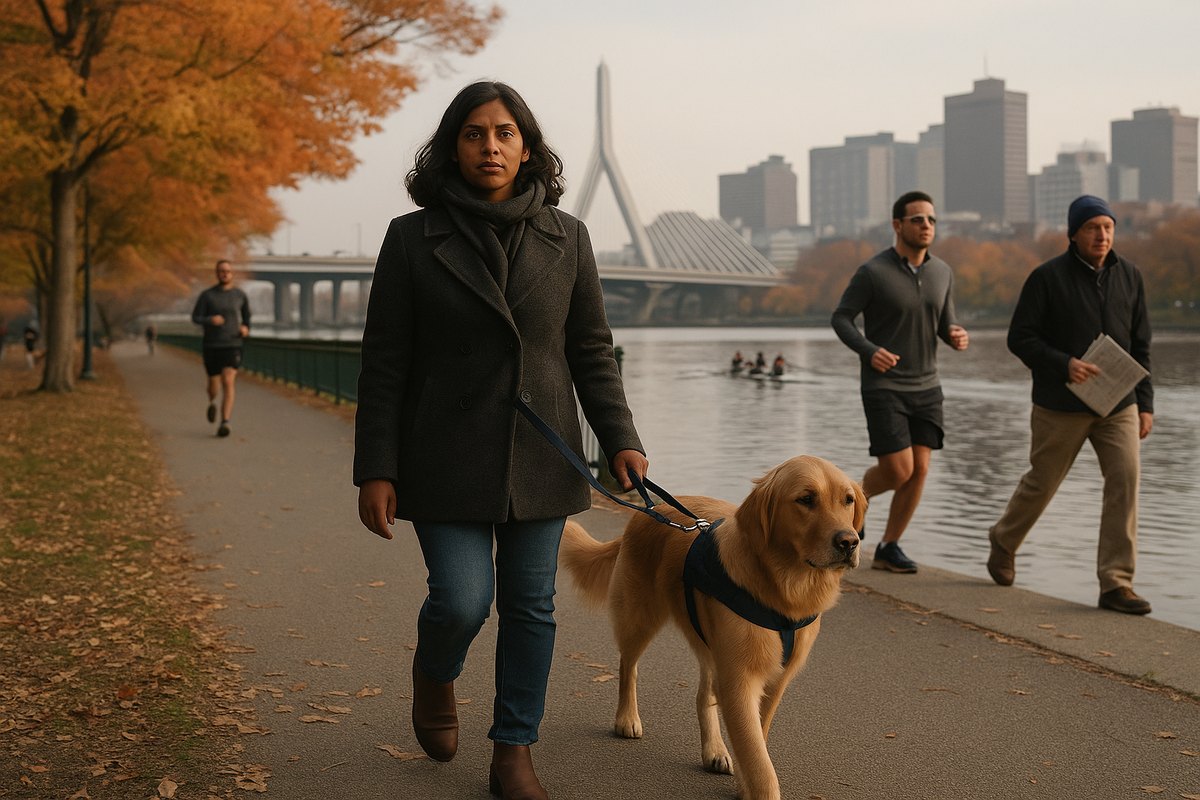 A woman in a charcoal peacoat walks her golden retriever service dog along the Charles River Esplanade in Boston with the Zakim Bridge and skyline behind her