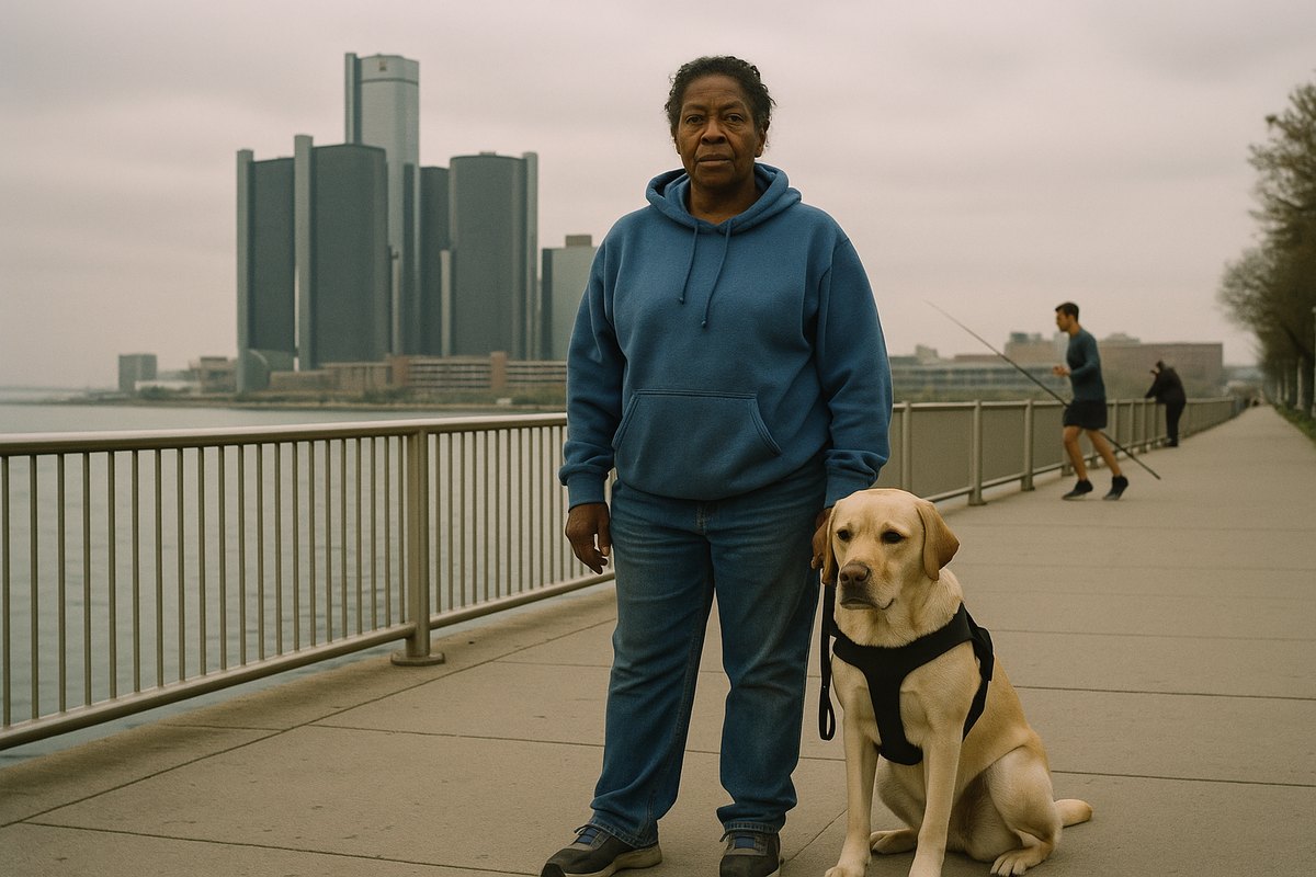 A woman in a Lions-blue hoodie stands on the Detroit RiverWalk with her yellow Labrador service dog, the Renaissance Center towers behind her