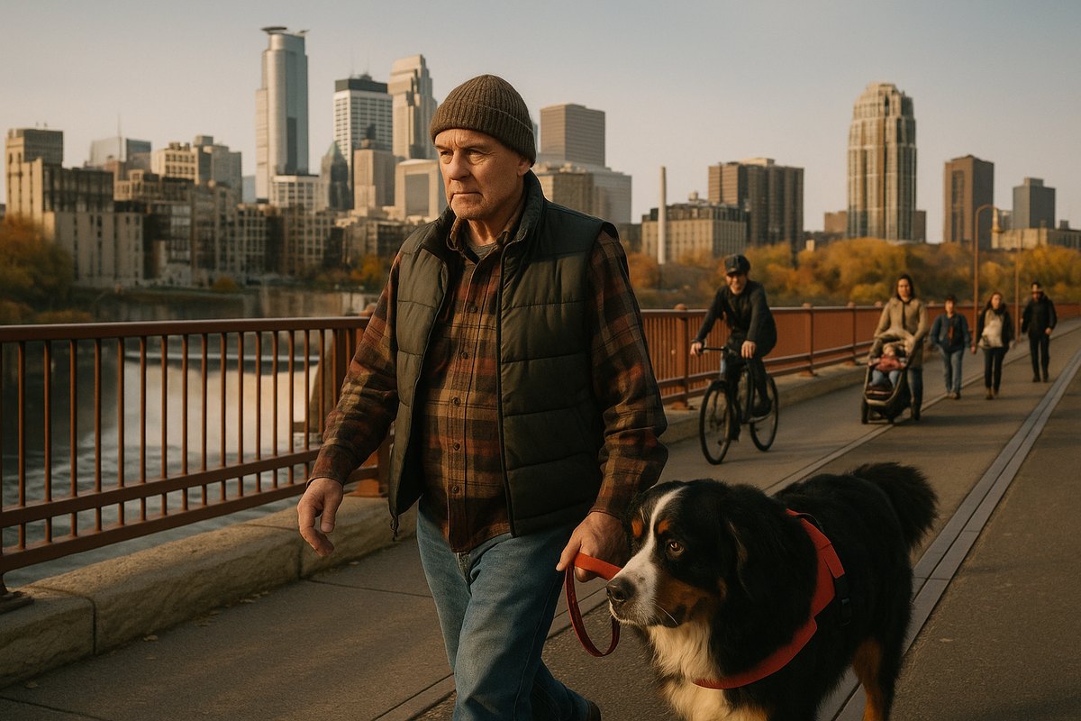 A man in a flannel shirt and knit cap crosses the Stone Arch Bridge in Minneapolis with his Bernese mountain dog service dog, the Mississippi River and city skyline behind