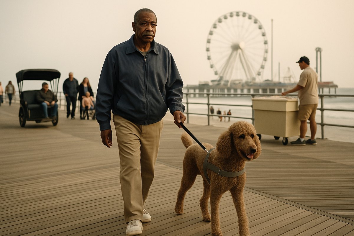 A man in a navy windbreaker walks his standard poodle service dog on the Atlantic City Boardwalk with the Steel Pier Ferris wheel and the ocean behind him