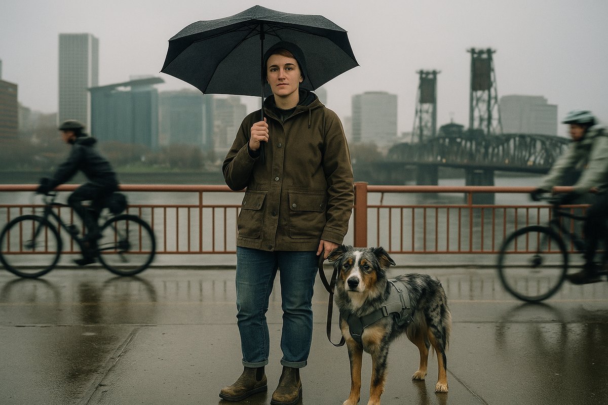 A woman in a waxed rain jacket stands under an umbrella on the Hawthorne Bridge in Portland with her Australian shepherd service dog, the Willamette River and the Steel Bridge behind her