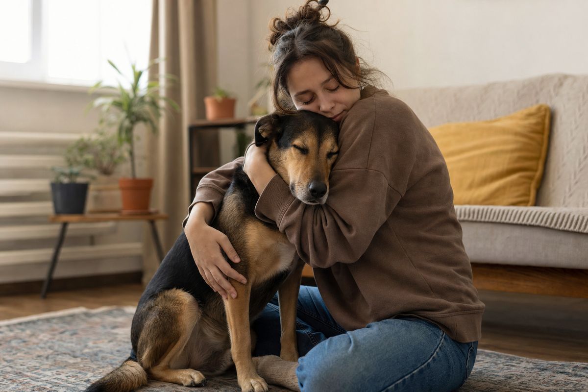 A person hugging their calm dog on a living room floor