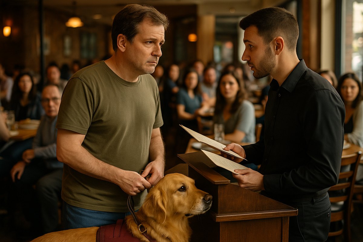 A man with his service dog talks calmly with a restaurant manager at the host stand while other diners look on