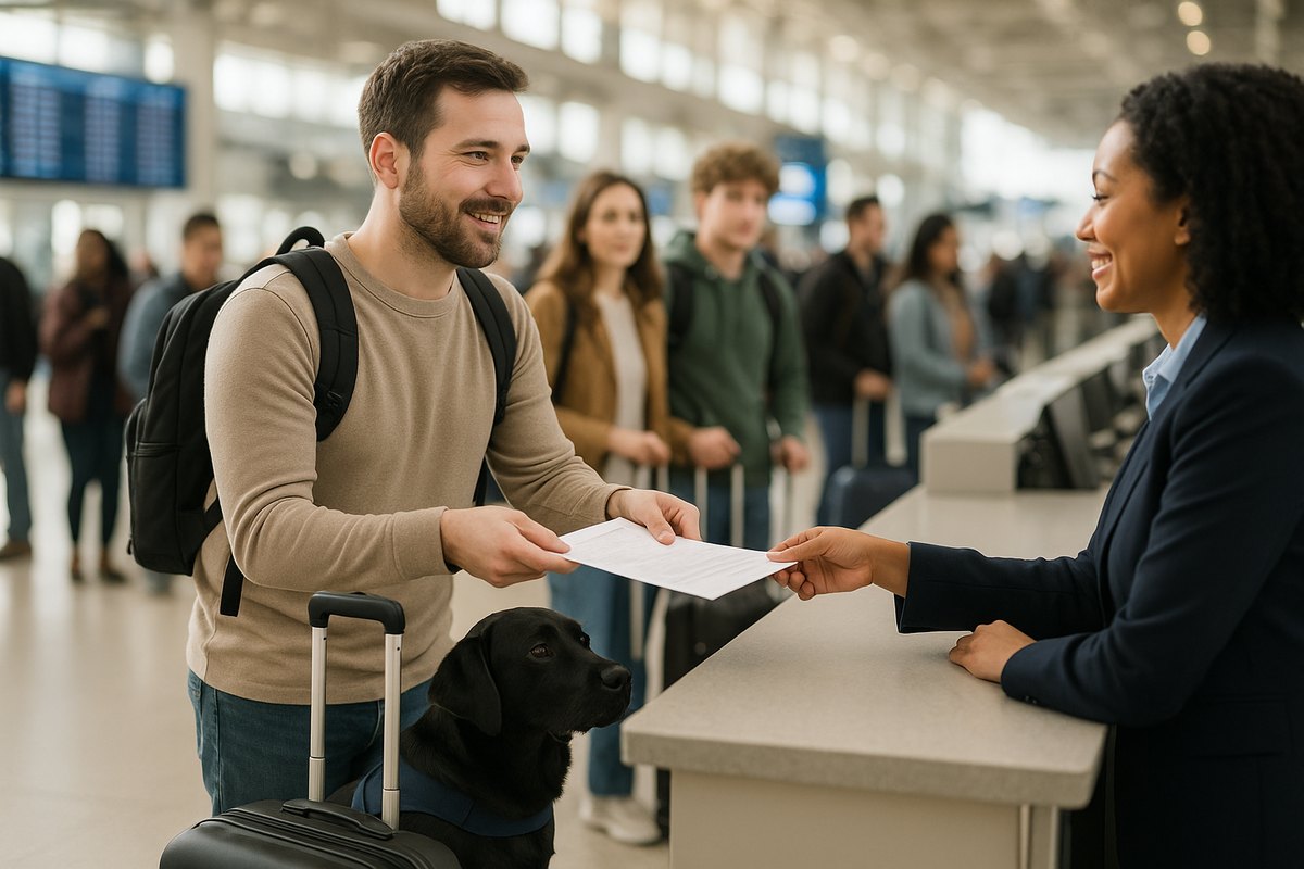 A man hands a printed form to an airline agent at a busy check-in counter while his black Labrador service dog sits beside his suitcase