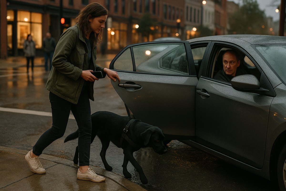 A woman opens the rear door of a rideshare car on a wet downtown street at dusk as her black Labrador service dog steps toward it and the driver looks back
