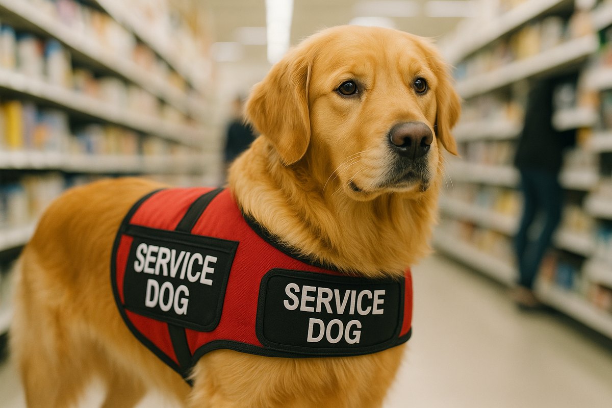 A golden retriever in a store aisle wearing a red service dog vest with SERVICE DOG patches