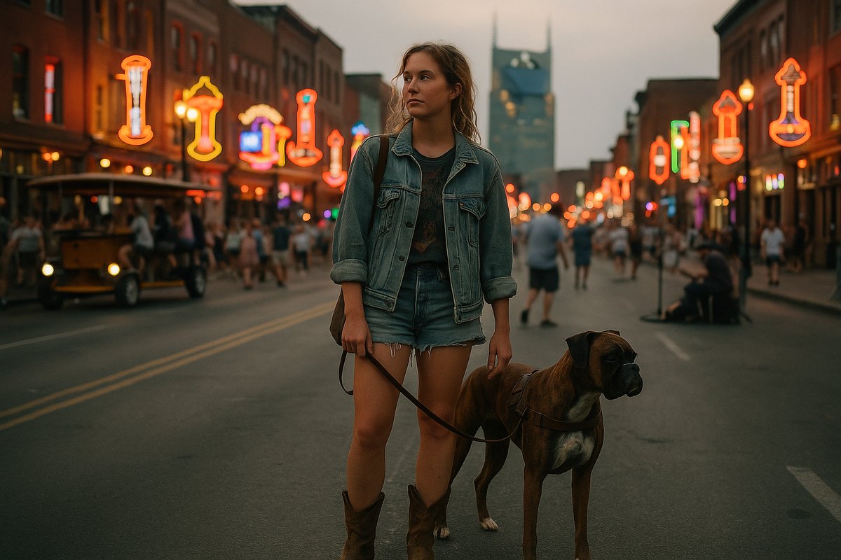 A woman in a denim jacket and cowboy boots stands on Nashville's Lower Broadway with her boxer service dog, neon honky-tonk signs and the Batman Building behind her