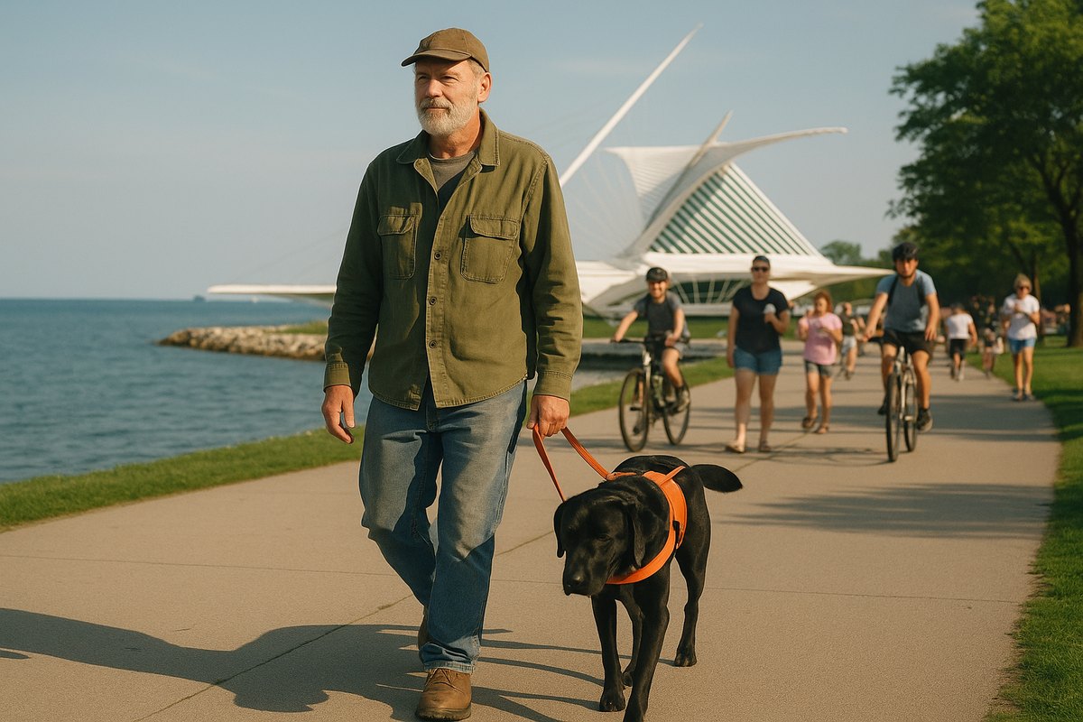 A bearded man in a green canvas jacket walks his black Labrador service dog along Milwaukee's lakefront with the white wings of the Milwaukee Art Museum behind him