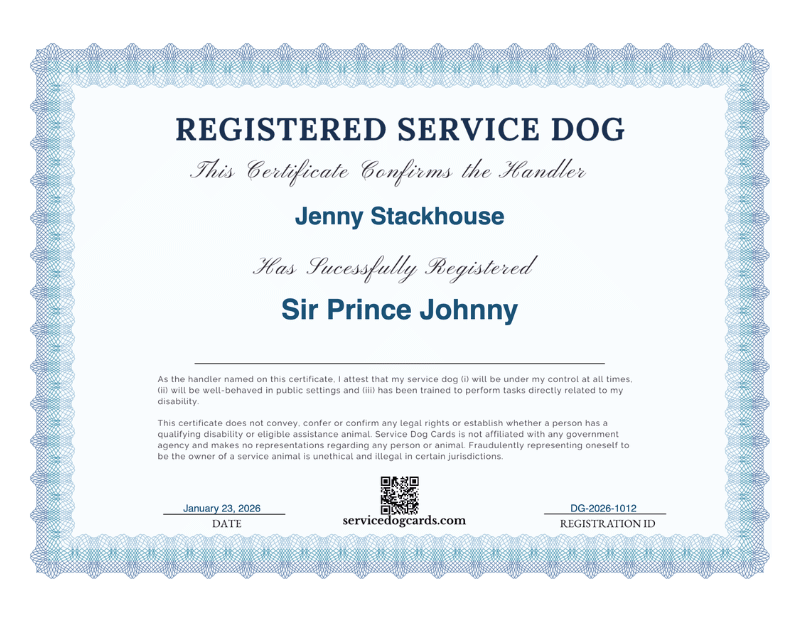 Free printable Registered Service Dog certificate included with every digital ID card