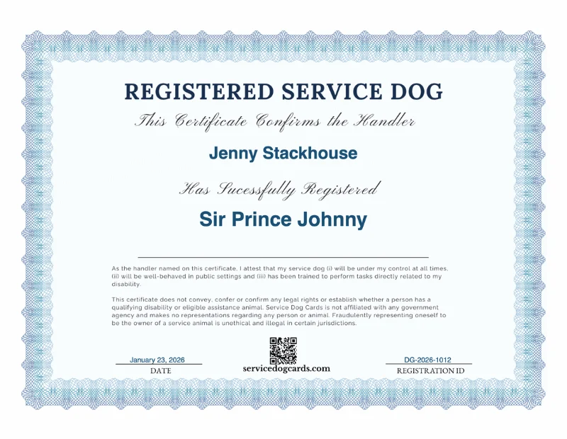 Free ADA compliance certificate included with every digital service dog ID card